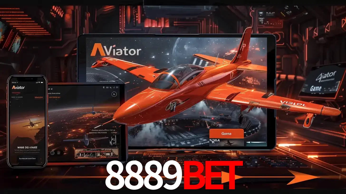 Apresentação tecnológica do jogo Aviator com um avião saindo da tela de um tablet, demonstrando a experiência imersiva em múltiplos dispositivos no 8889BET.