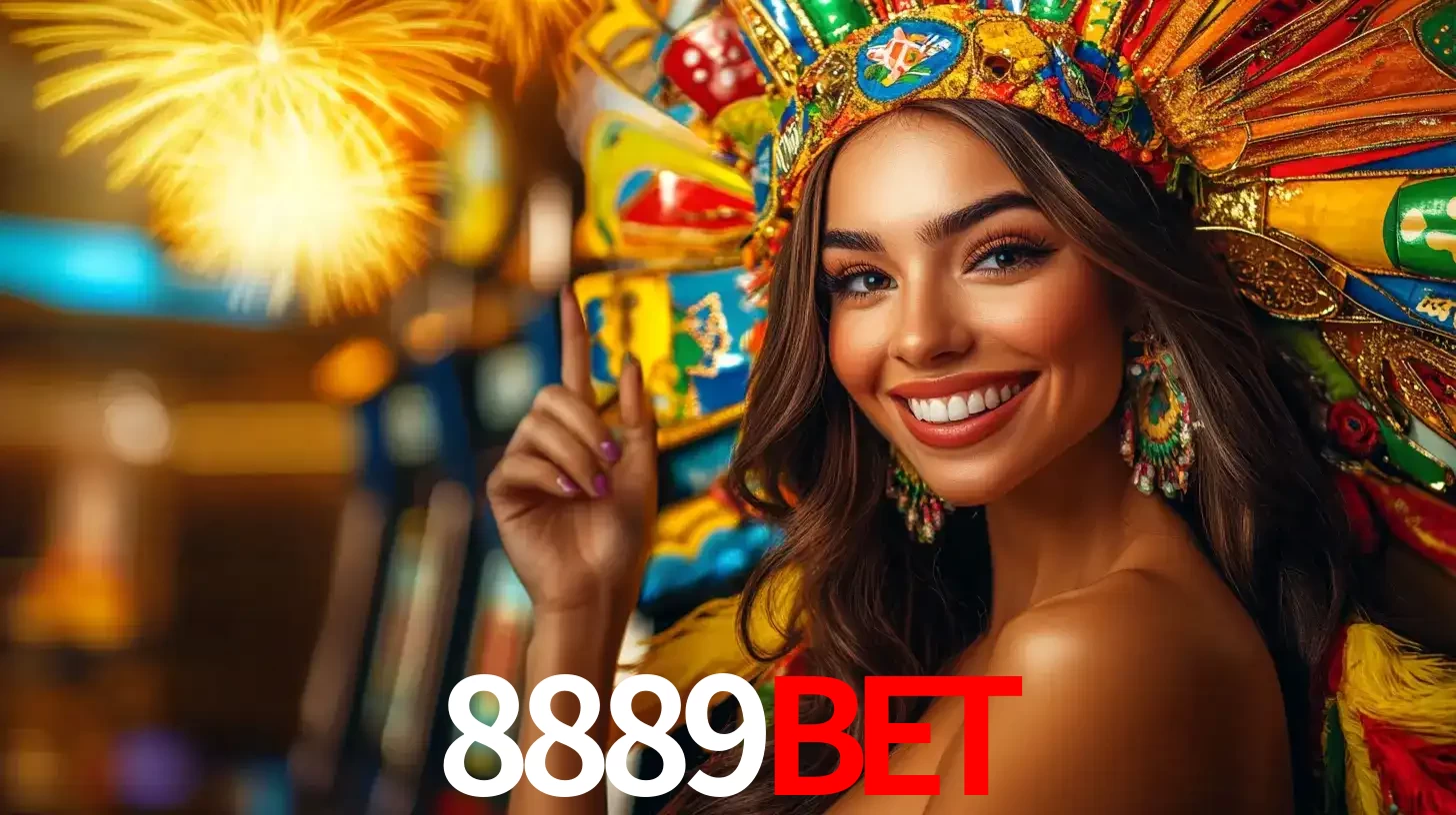 Mulher sorridente com um cocar de carnaval vibrante e colorido, celebrando uma grande vitória nos jogos do cassino 8889BET com fogos de artifício ao fundo.