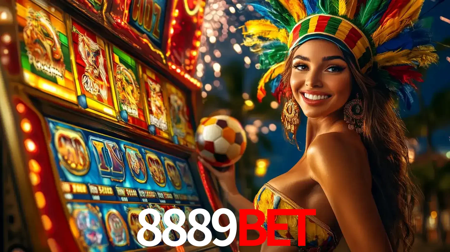 Mulher com um cocar de carnaval ao lado de uma máquina de caça-níqueis enquanto segura uma bola de futebol, mostrando a união da diversão de cassino e esportes no 8889BET.