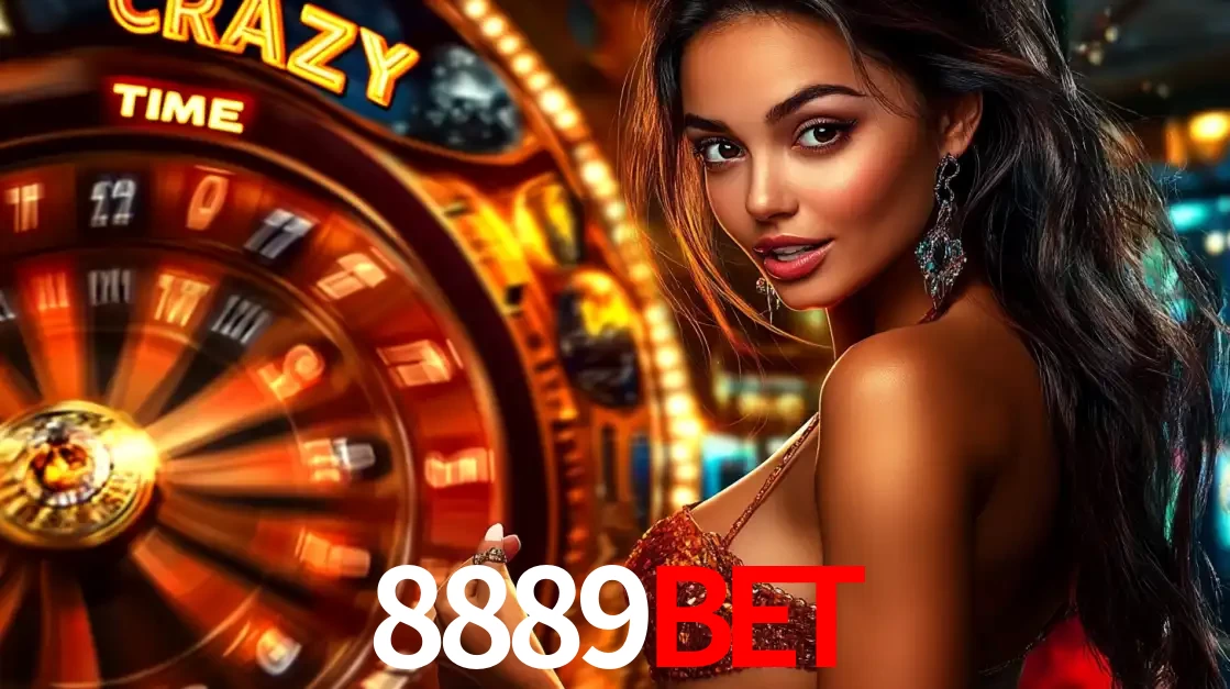Mulher ao lado da roda de prêmios do jogo de cassino ao vivo Crazy Time, um dos shows de jogos mais emocionantes oferecidos pela plataforma de apostas 8889BET.