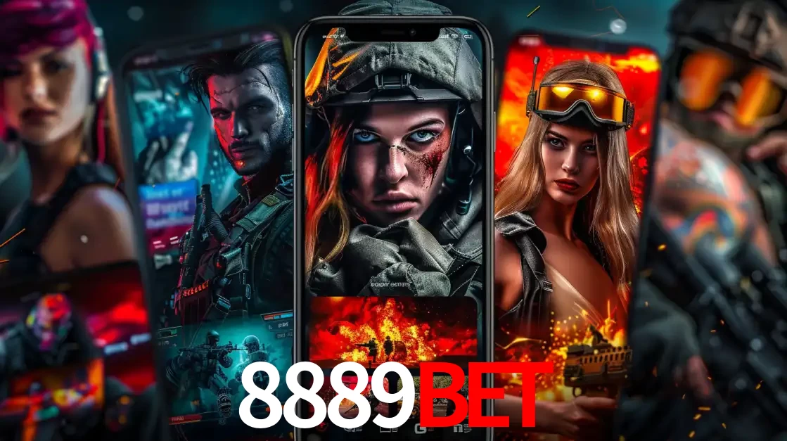 Montagem de telas de celular mostrando diversos personagens, masculinos e femininos, de um jogo de tiro, ilustrando a diversidade de equipes de e-sports para apostar no 8889BET.