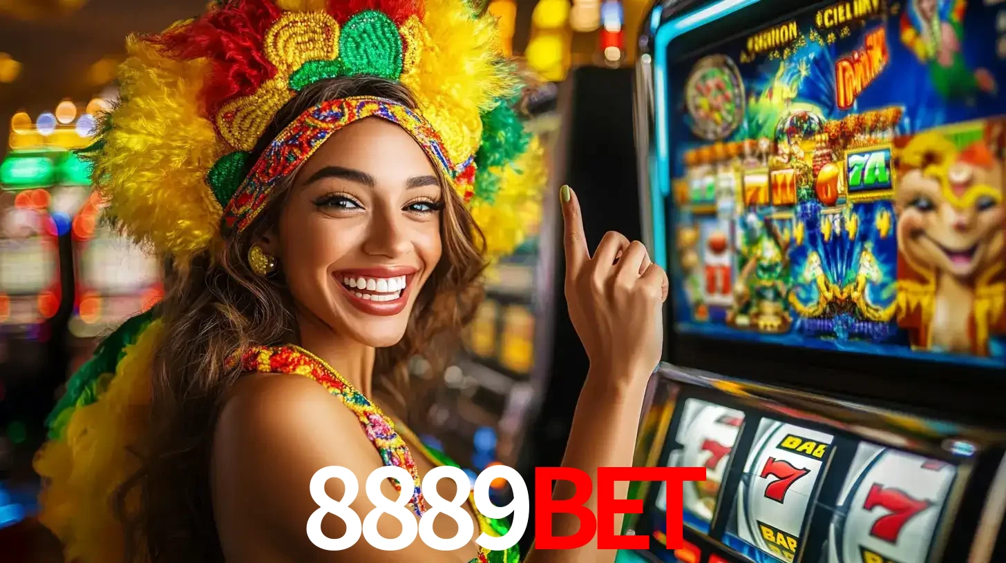 Mulher animada com um cocar de carnaval apontando para uma máquina de caça-níqueis, mostrando a emoção de ganhar um grande prêmio nos jogos do 8889BET.