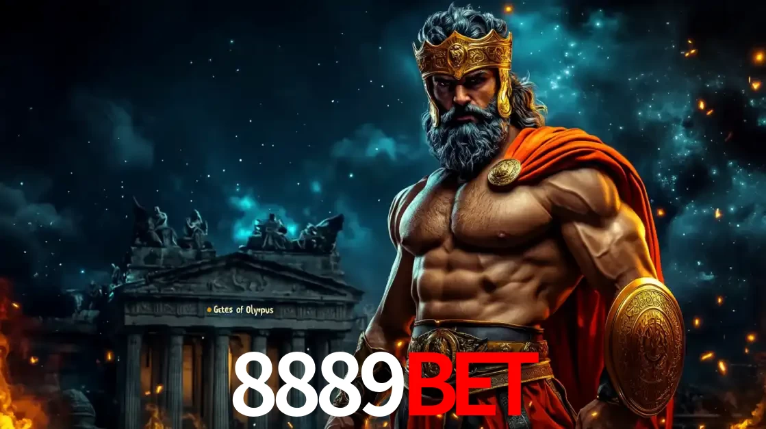 O poderoso Zeus do jogo de slot Gates of Olympus em frente ao seu templo, pronto para lançar multiplicadores divinos e prêmios épicos no cassino online 8889BET.