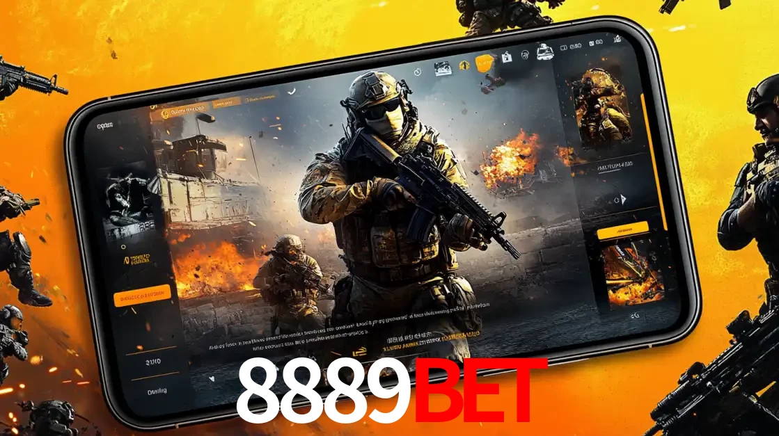 Um smartphone exibindo a interface de um jogo de tiro em primeira pessoa, com um soldado em um cenário de batalha, representando a ação dos e-sports para apostar no 8889BET.