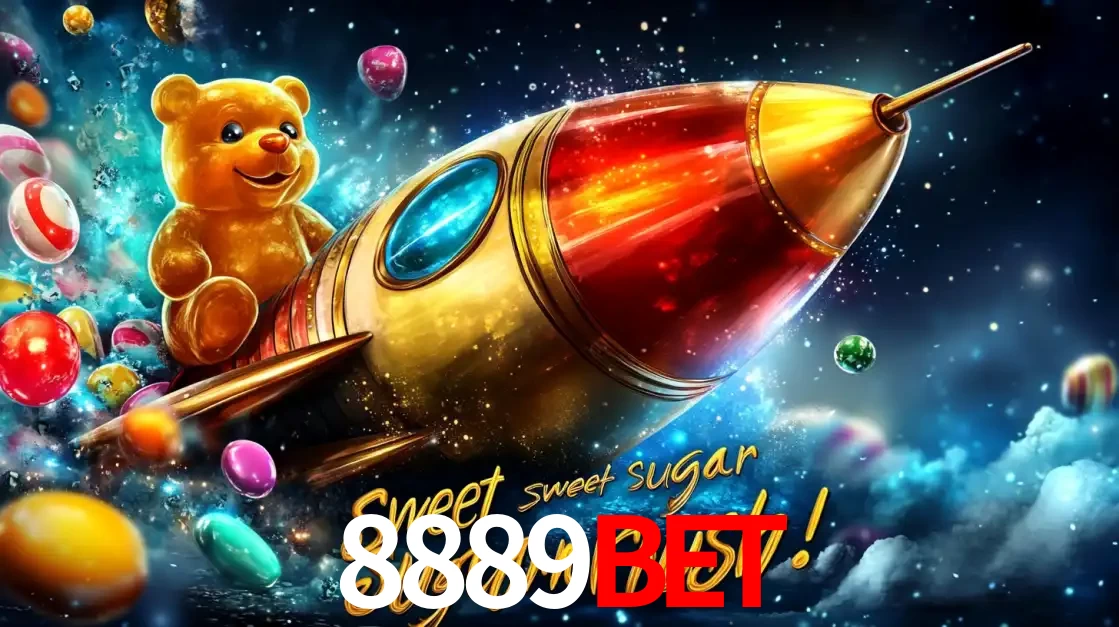Arte promocional do jogo de slot Sugar Rush, com um urso de pelúcia em um foguete viajando pelo espaço de doces, um dos jogos divertidos disponíveis no cassino 8889BET.