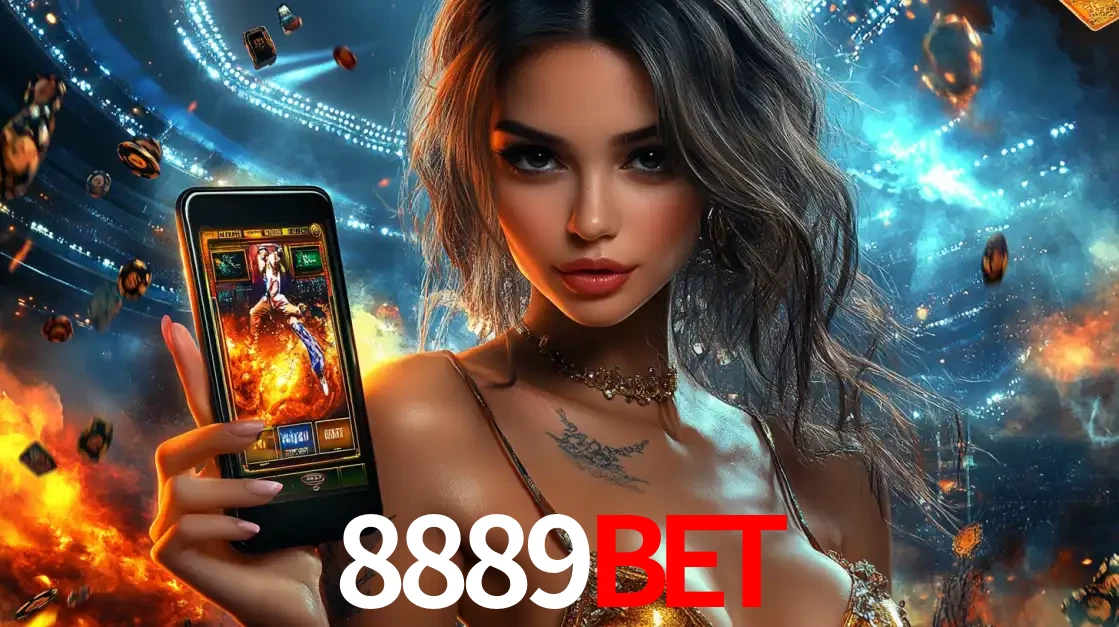 Mulher segurando um celular com um jogo de slot em destaque, tendo como fundo um estádio vibrante, simbolizando a emoção de jogar no cassino móvel 8889BET.