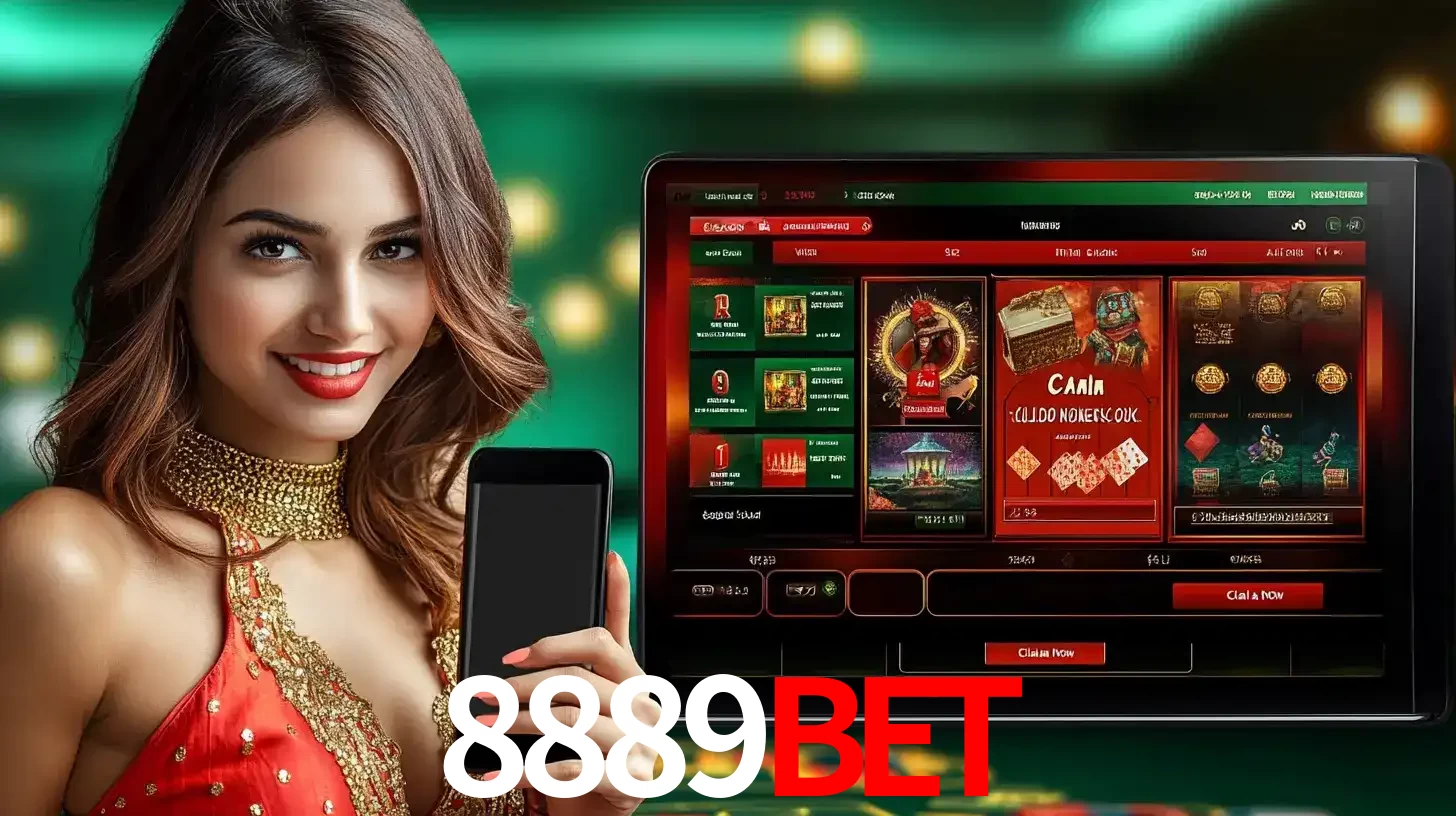 Mulher sorridente segurando um smartphone, ao lado de uma tela exibindo o lobby de jogos do cassino online 8889BET, com várias opções de jogos de cartas e slots.